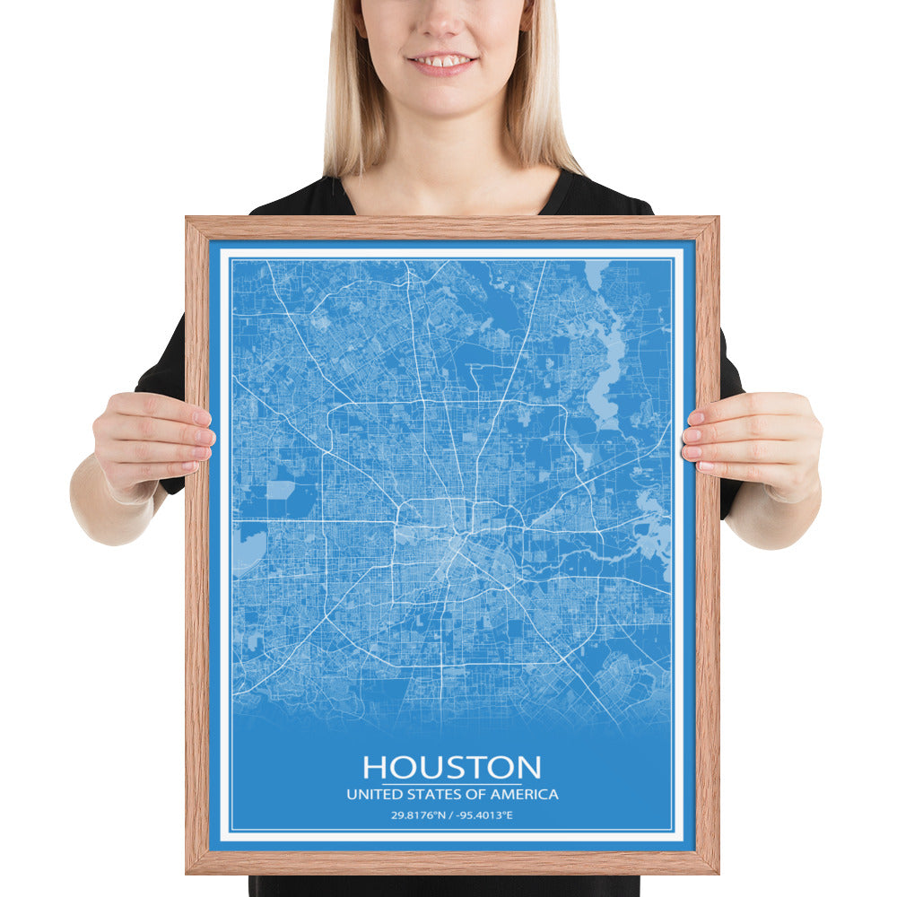 Houston Blue and White Framed Map