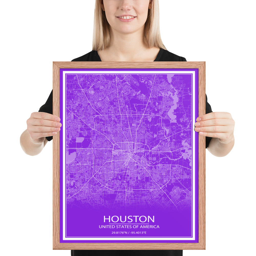 Houston Purple and White Framed Map