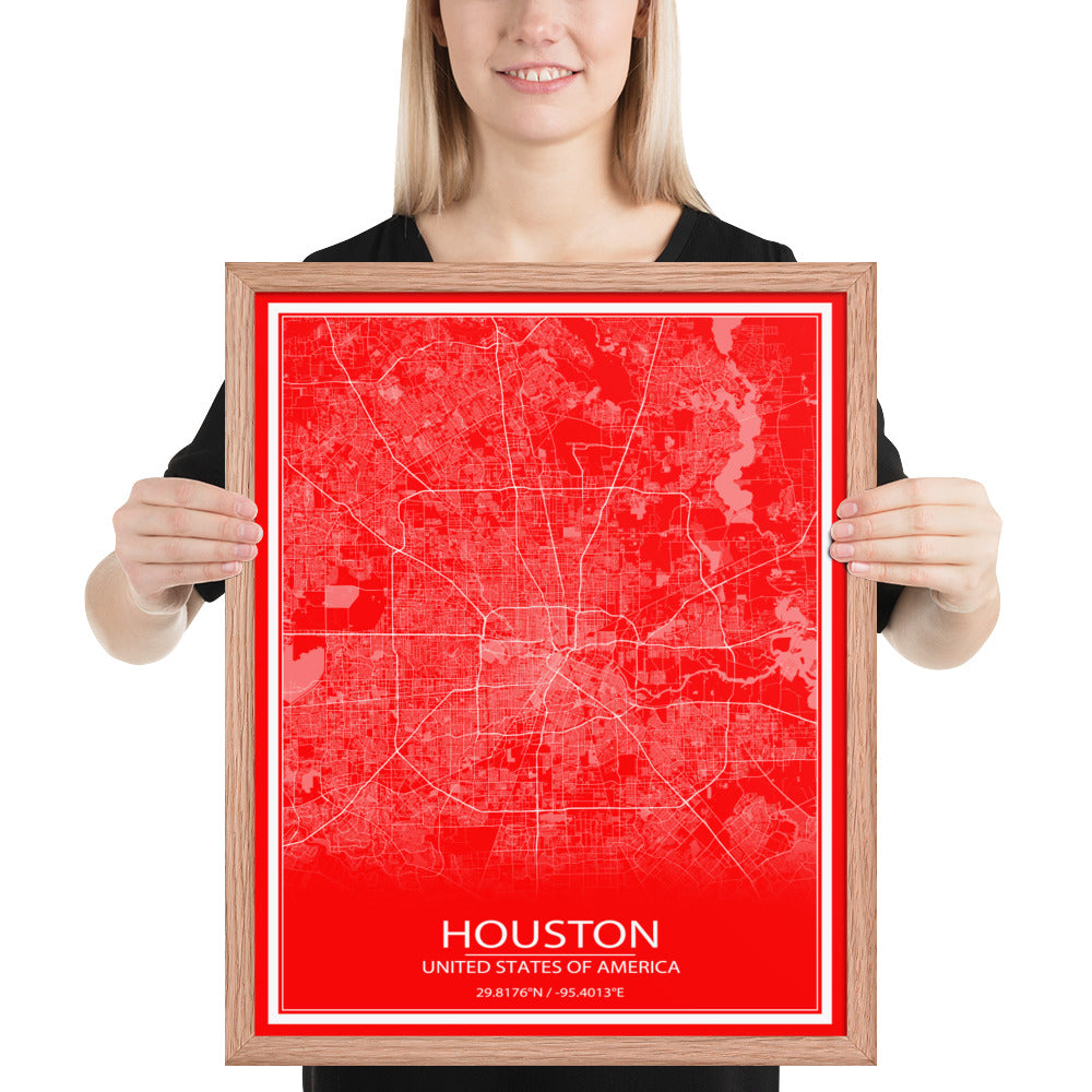 Houston Red and White Framed Map