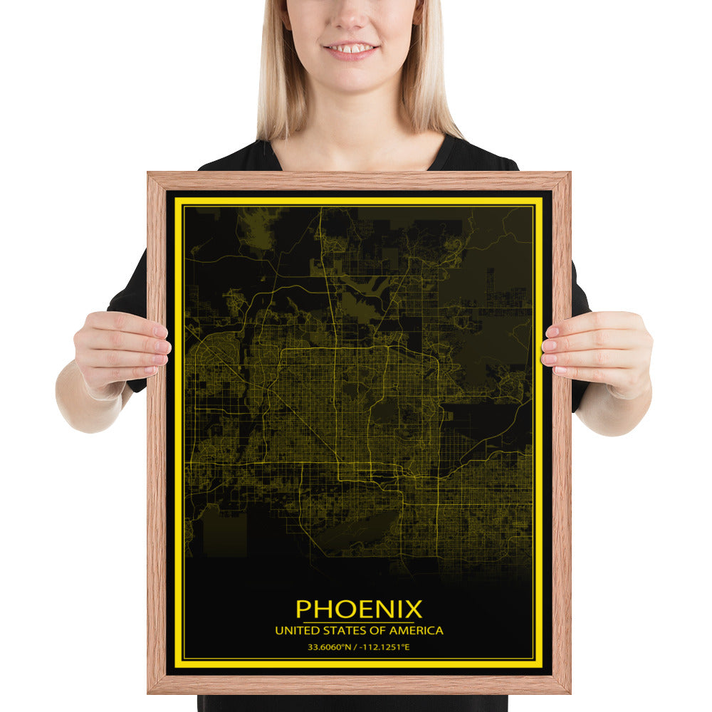 Phoenix Black and Yellow Framed Map