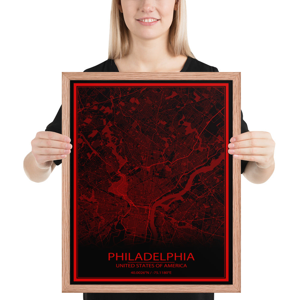 Philadelphia Black and Red Framed Map