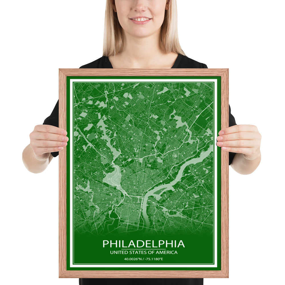 Philadelphia Green and White Framed Map