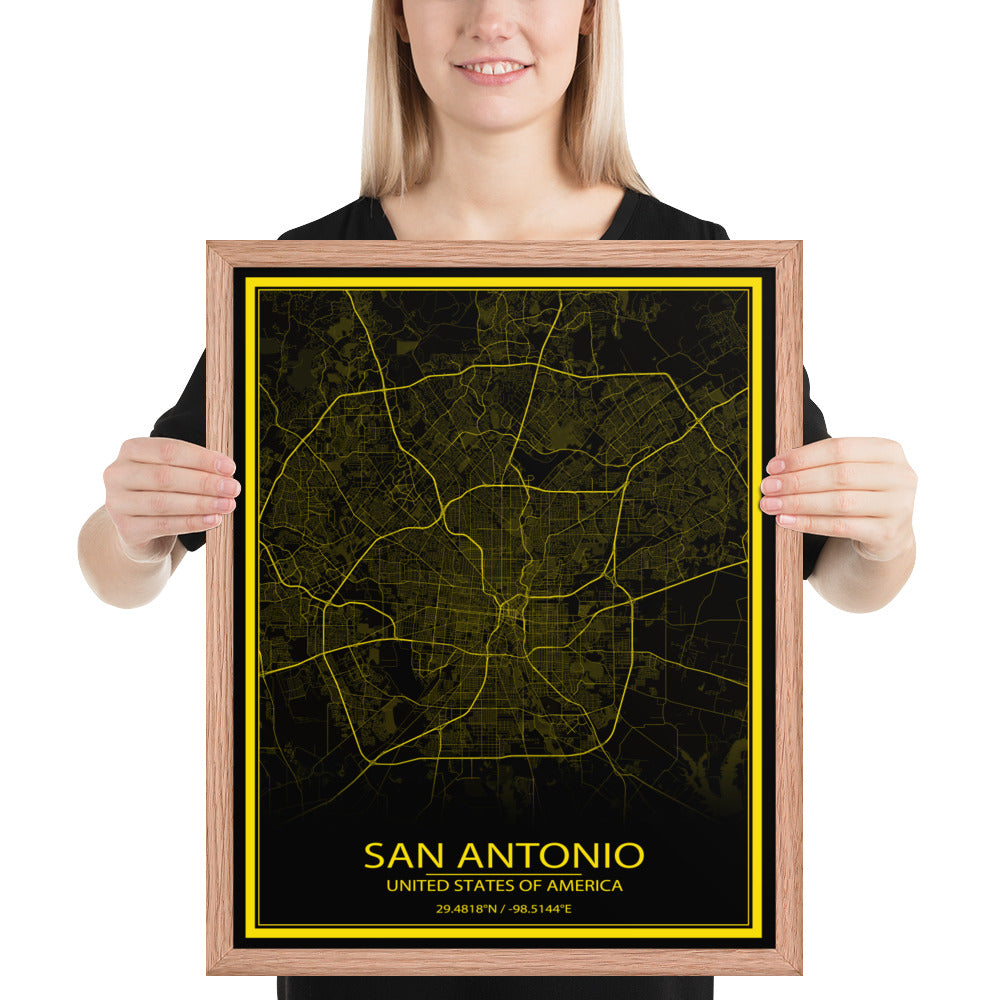 San Antonio Black and Yellow Framed Map