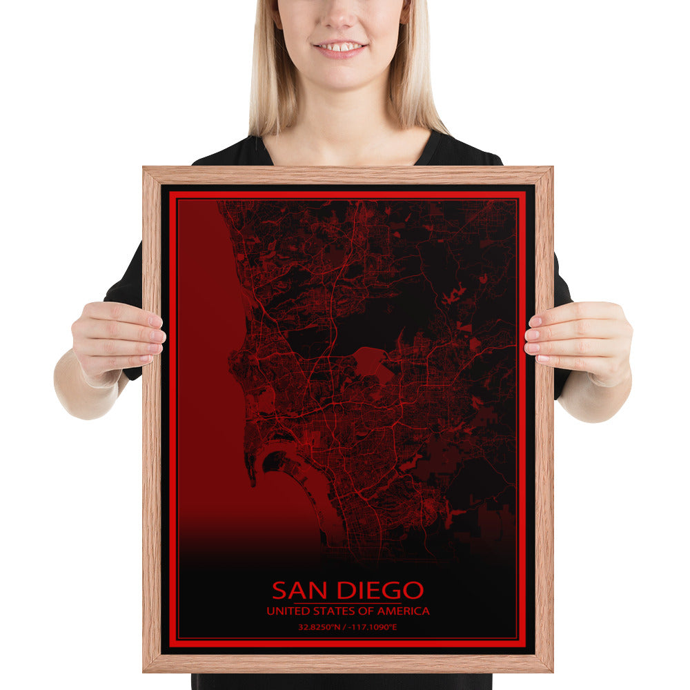 San Diego Black and Red Framed Map