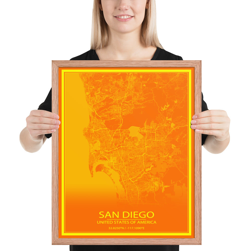 San Diego Orange and Yellow Framed Map