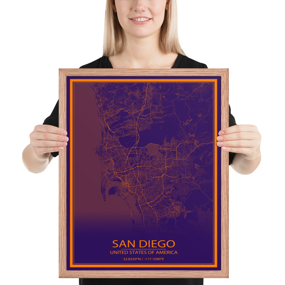 San Diego Purple and Orange Framed Map