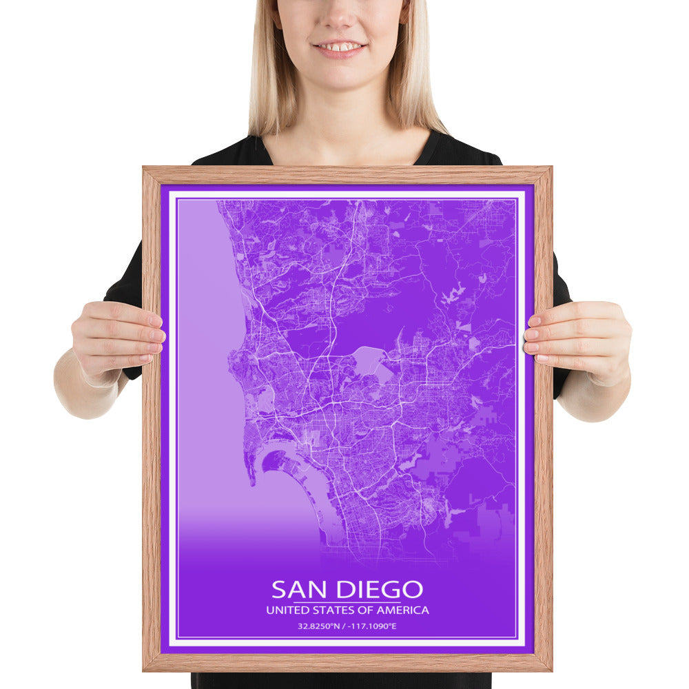 San Diego Purple and White Framed Map