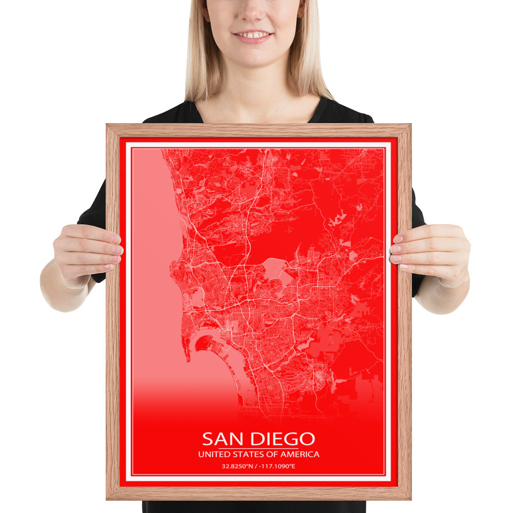 San Diego Red and White Framed Map