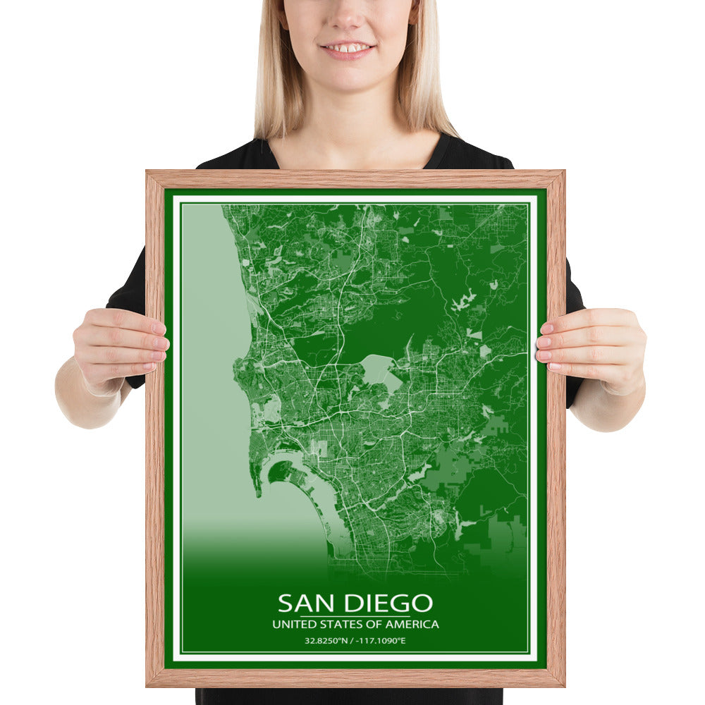 San Diego Green and White Framed Map