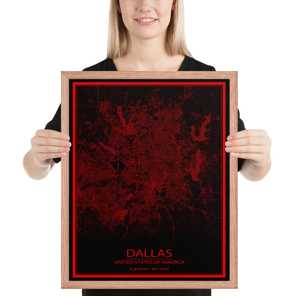 Dallas Black and Red Framed Map