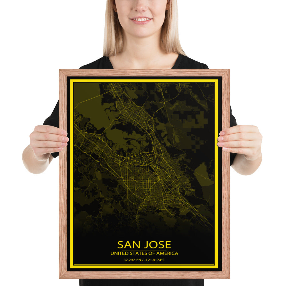 San Jose Black and Yellow Framed Map