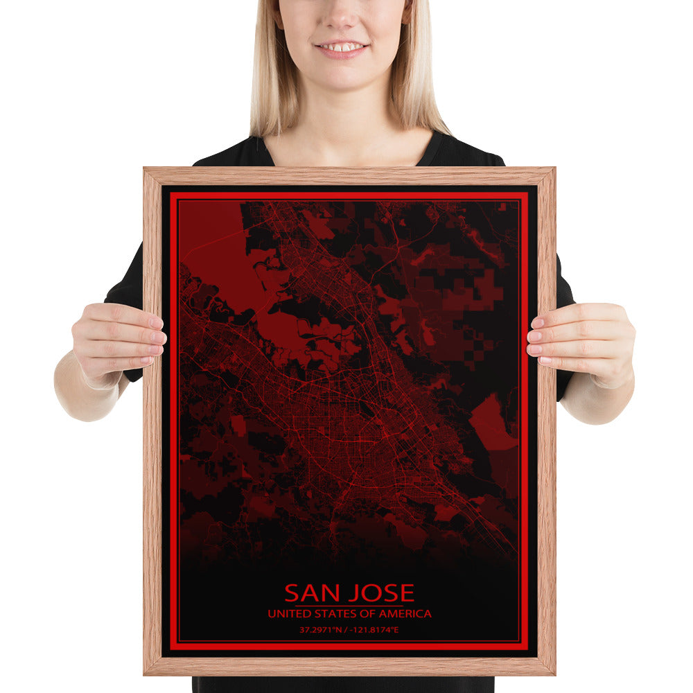 San Jose Black and Red Framed Map