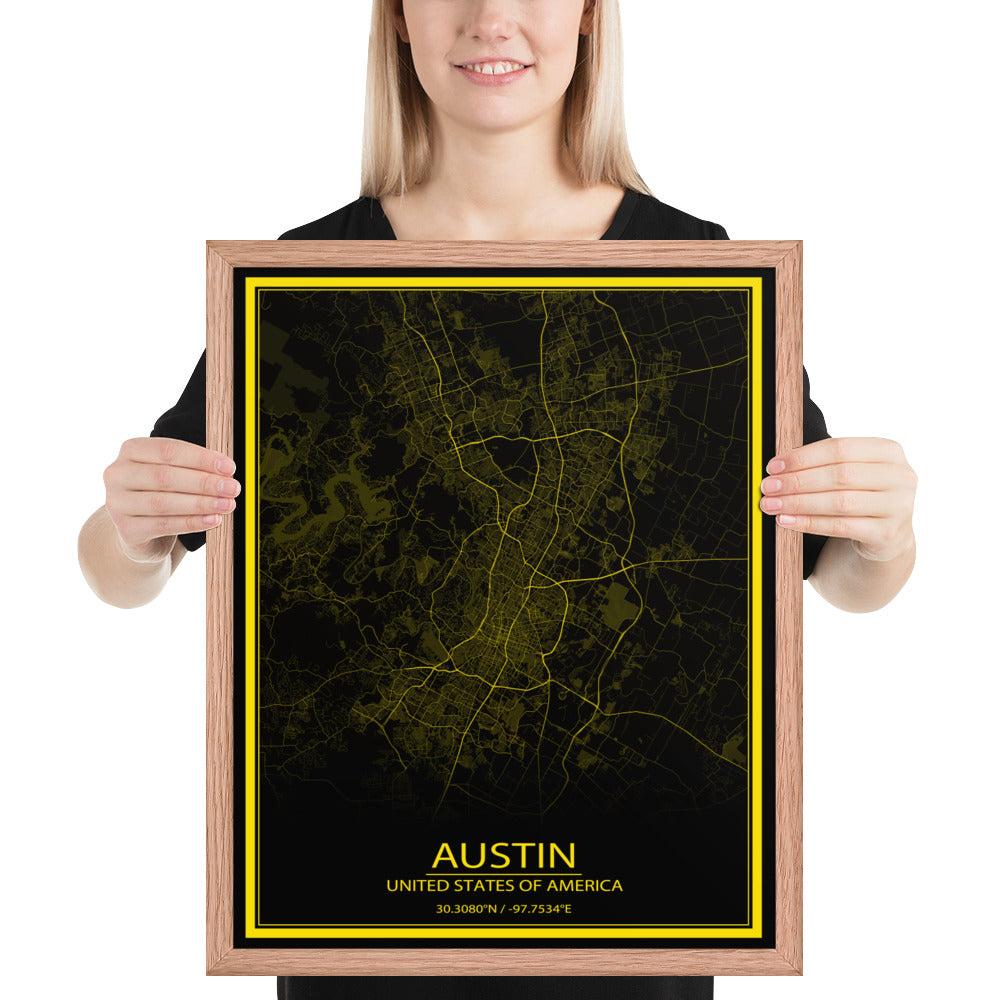 Austin Black and Yellow Framed Map