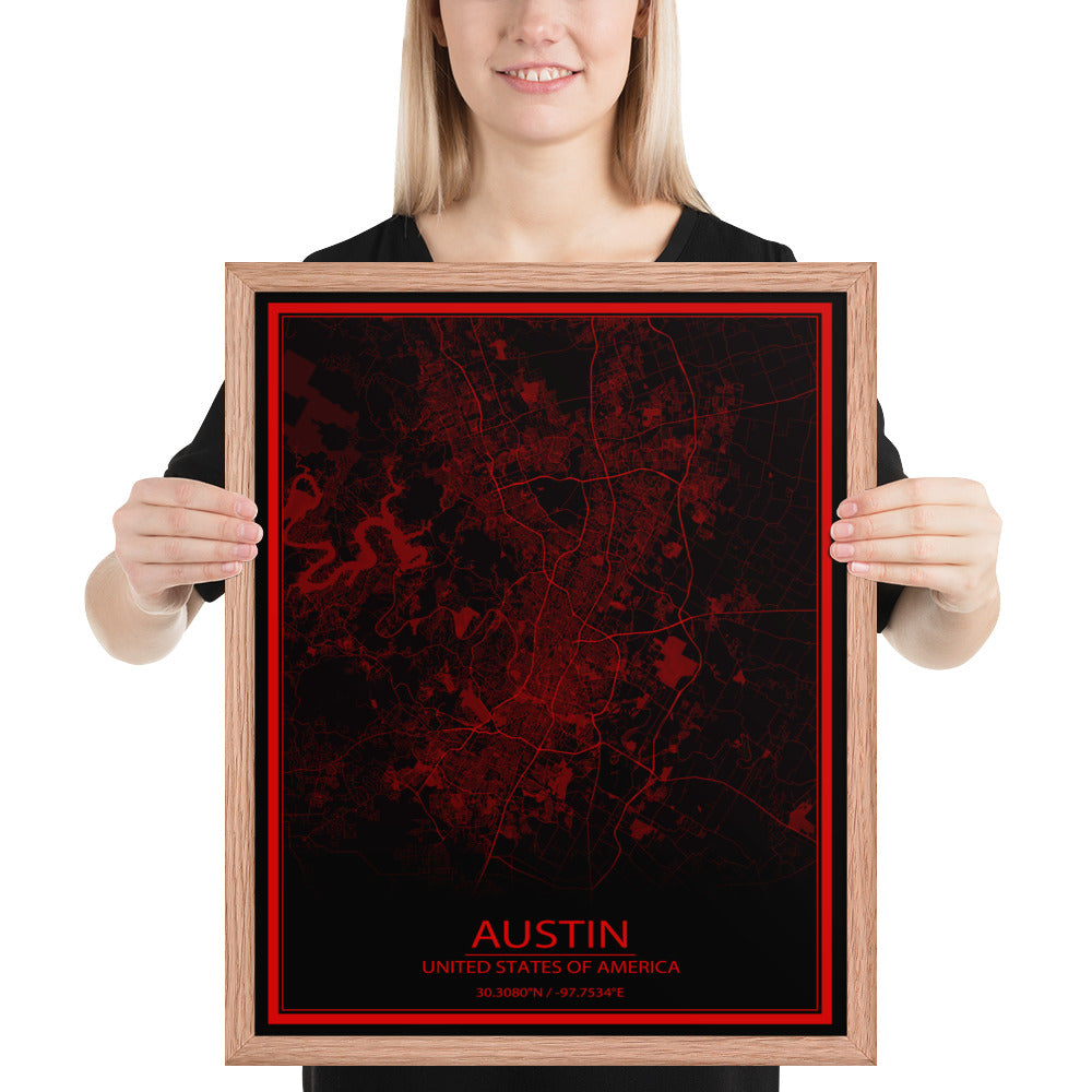 Austin Black and Red Framed Map