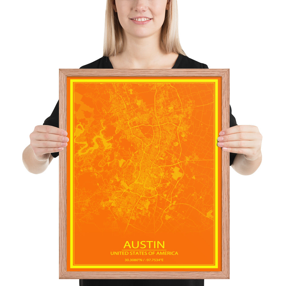 Austin Orange and Yellow Framed Map