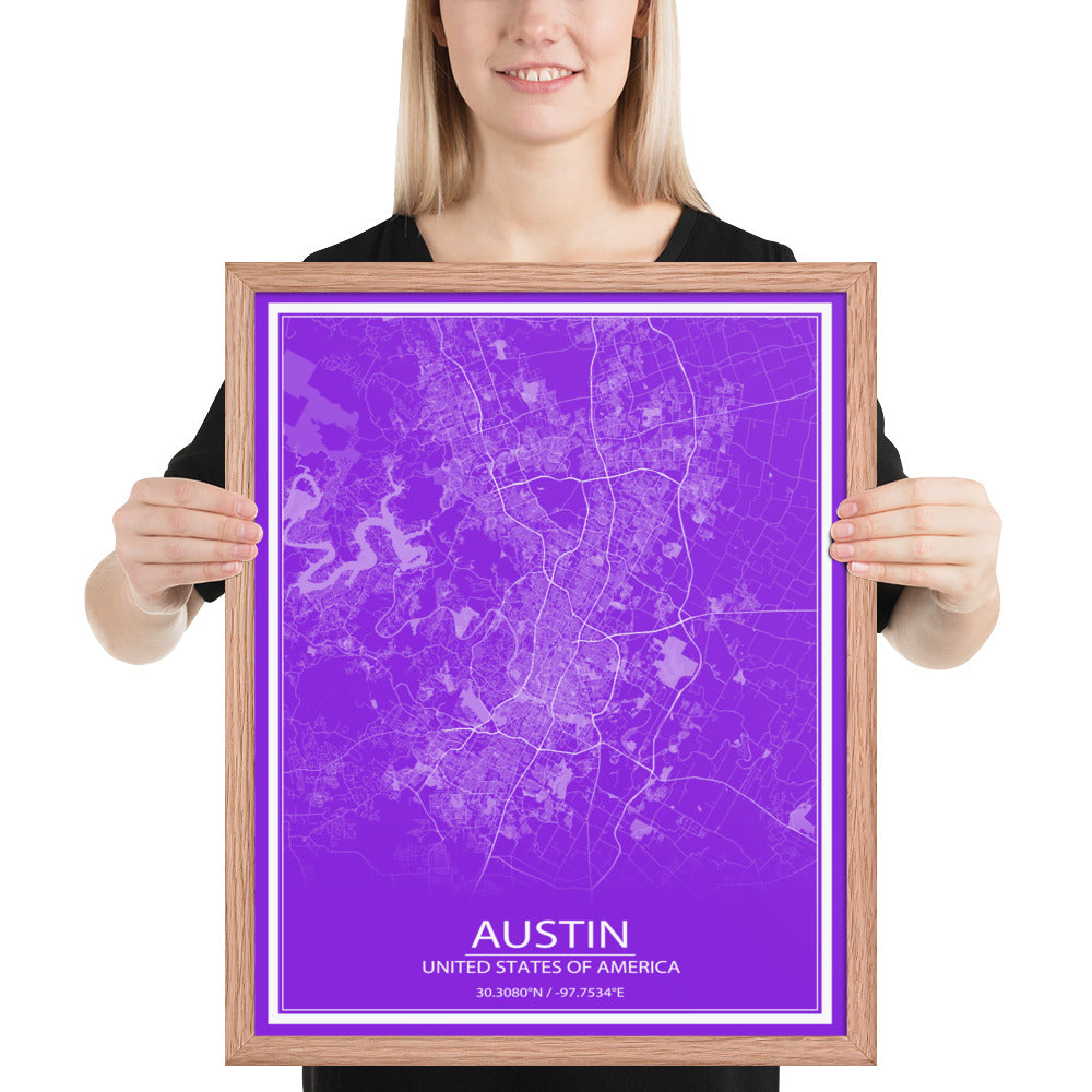 Austin Purple and White Framed Map