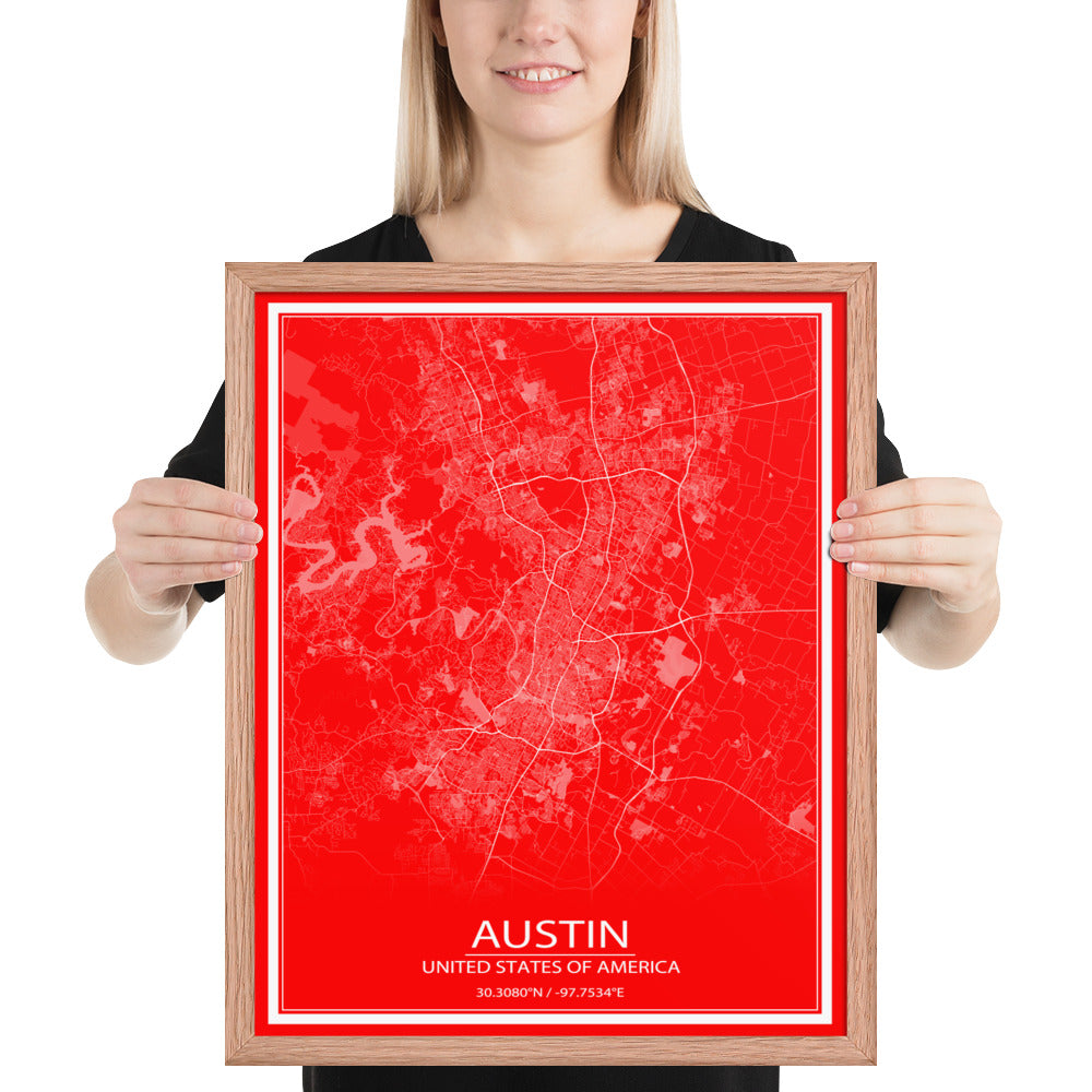 Austin Red and White Framed Map