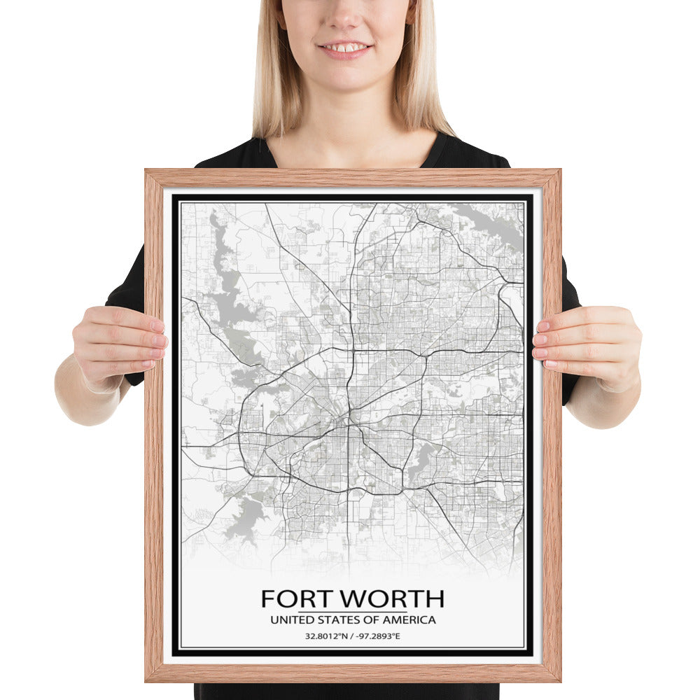 Fort Worth White Framed Map