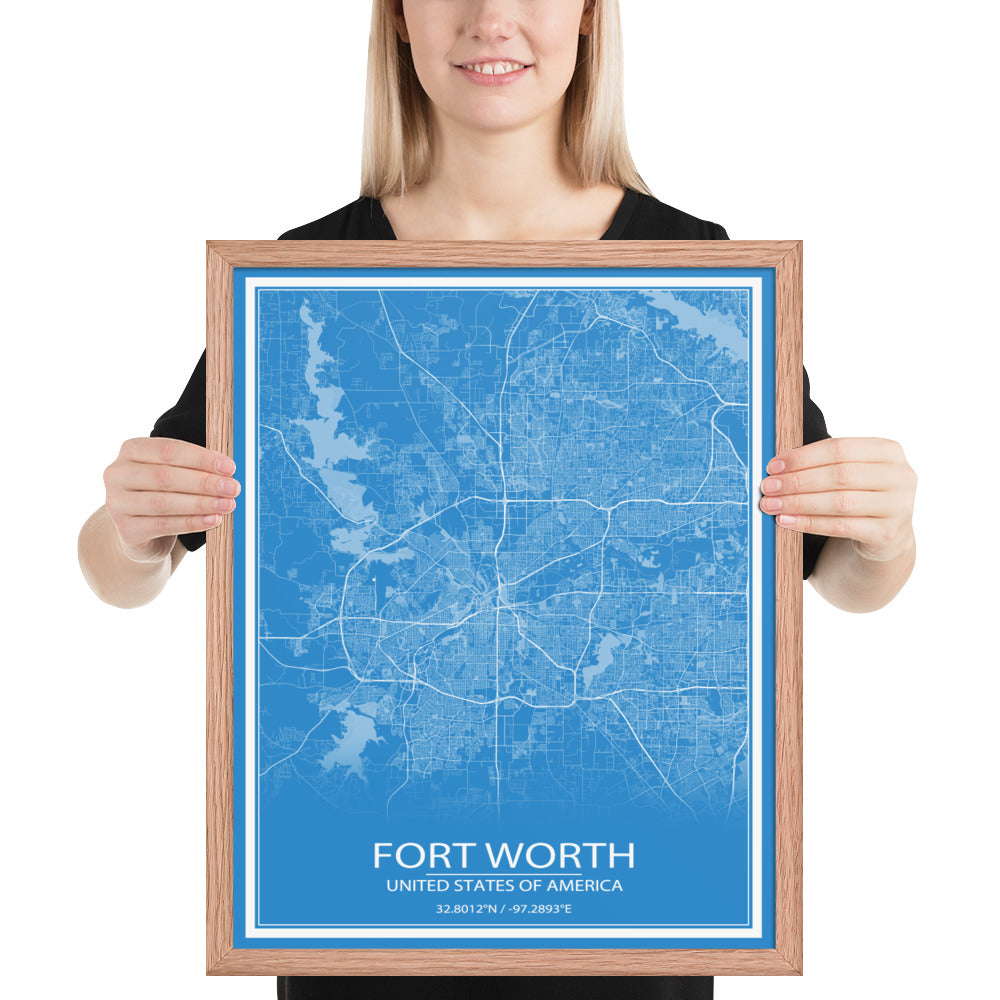 Fort Worth Blue and White Framed Map