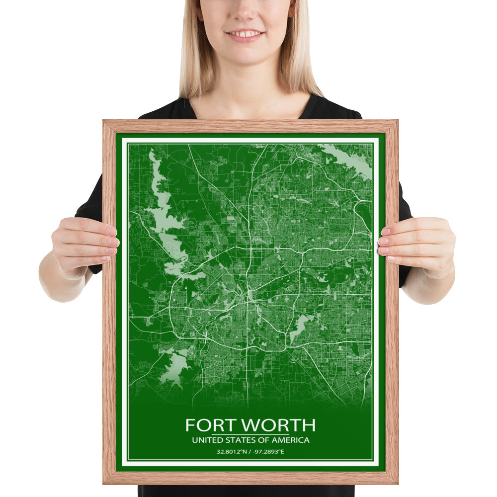 Fort Worth Green and White Framed Map