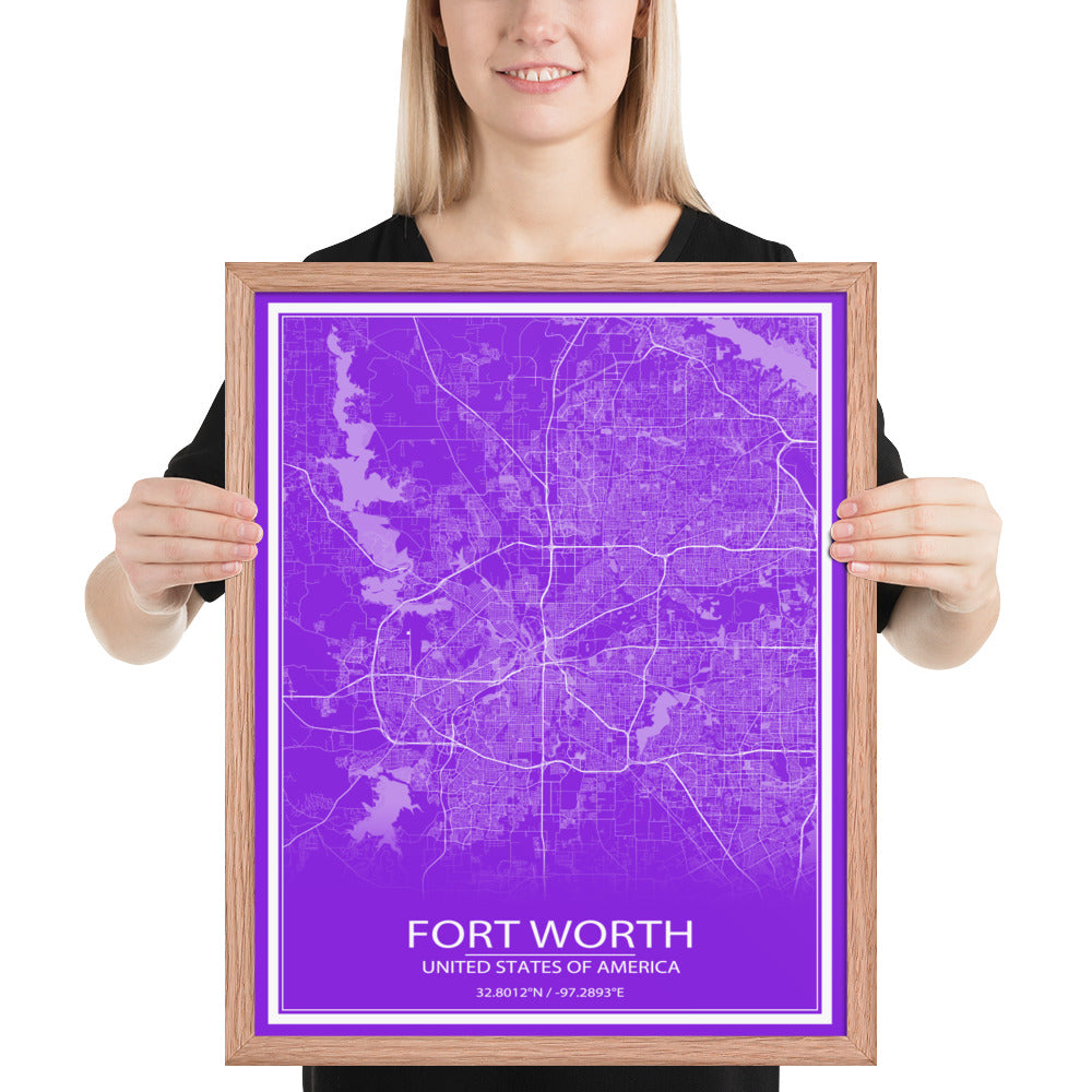 Fort Worth Purple and White Framed Map