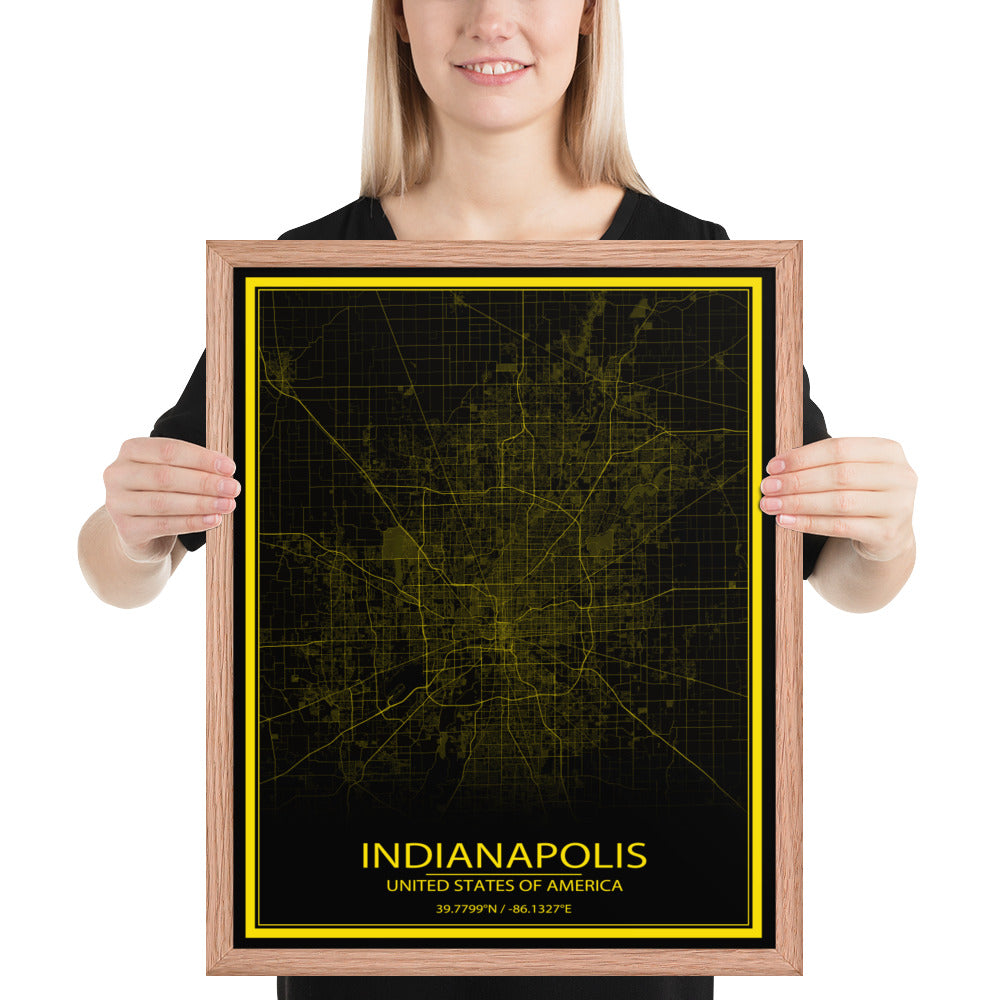 Indianapolis Black and Yellow Framed Map