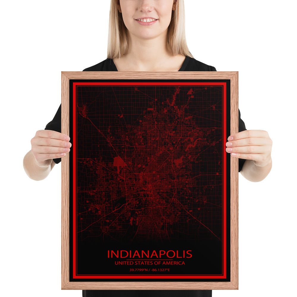 Indianapolis Black and Red Framed Map