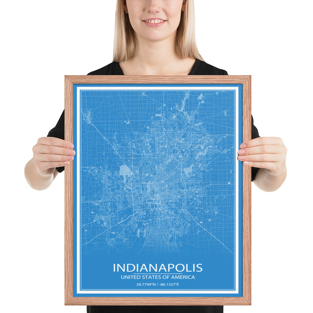 Indianapolis Blue and White Framed Map