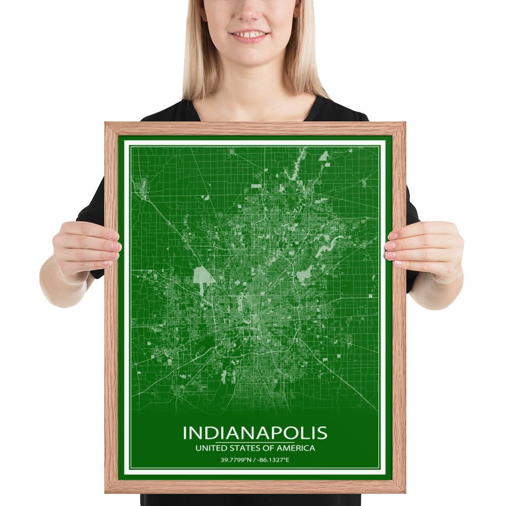 Indianapolis Green and White Framed Map