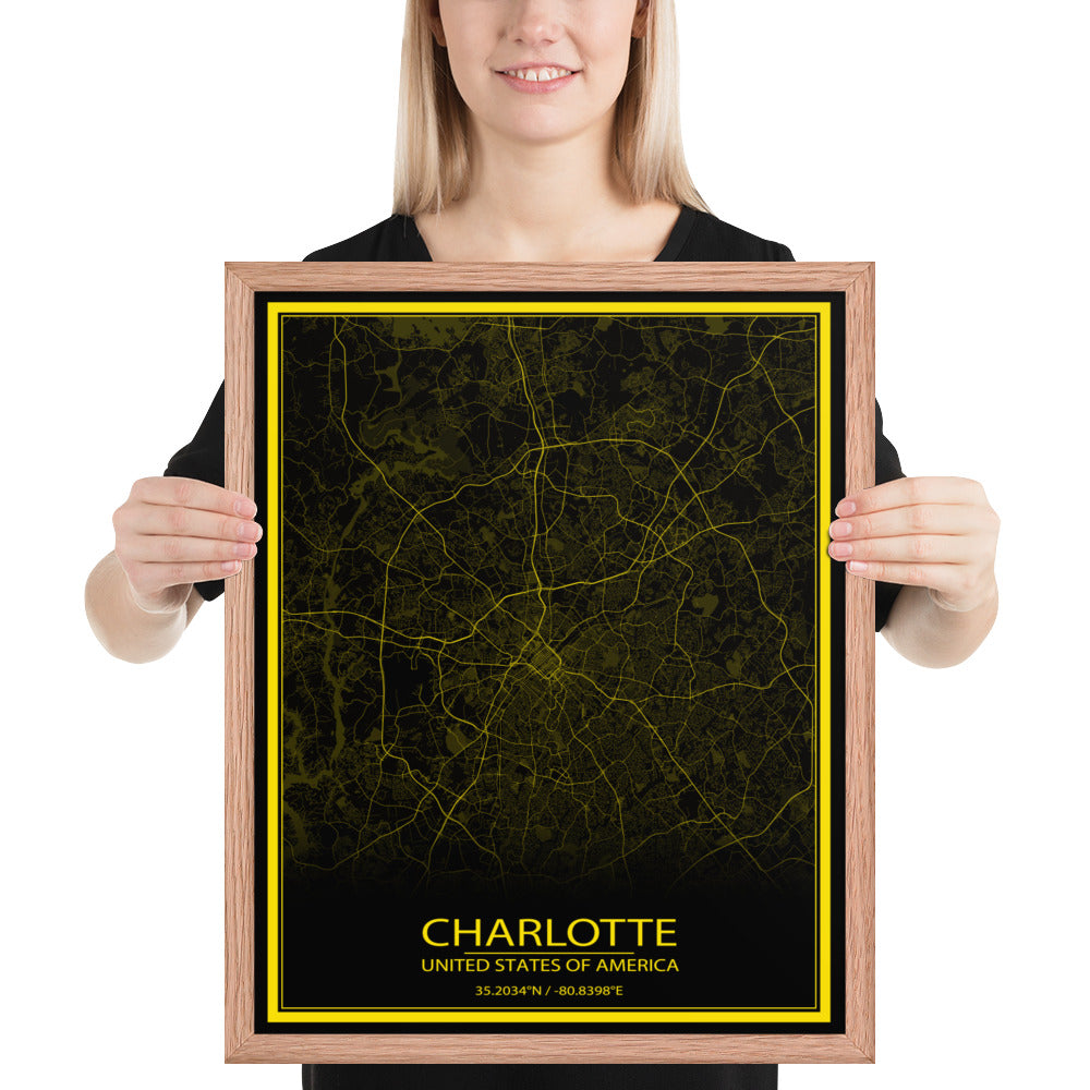 Charlotte Black and Yellow Framed Map