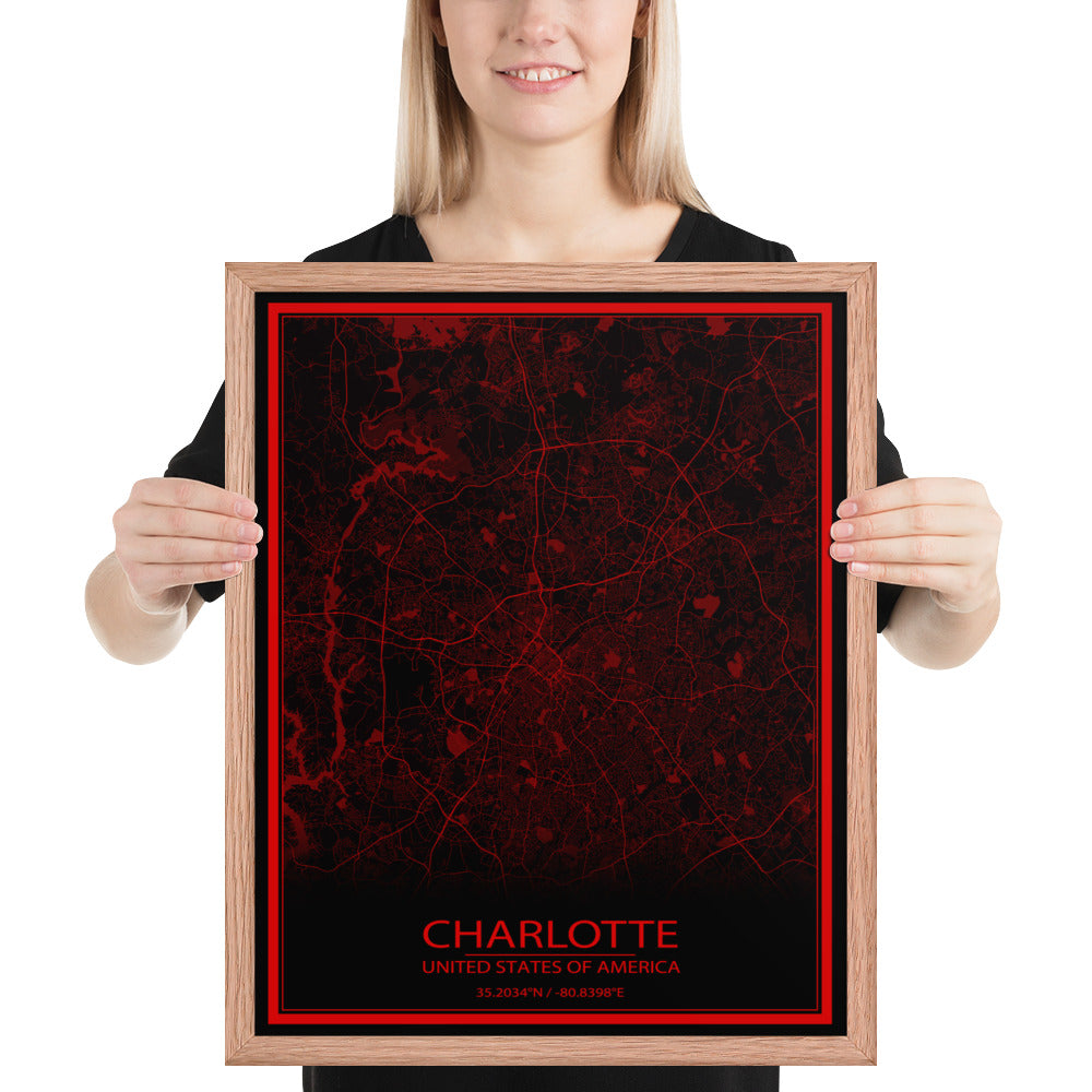 Charlotte Black and Red Framed Map