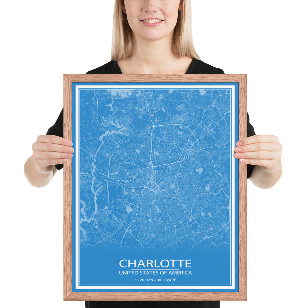 Charlotte Blue and White Framed Map