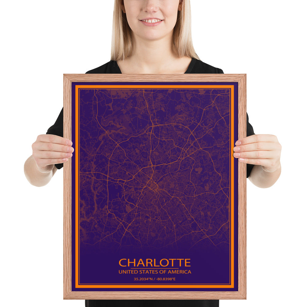 Charlotte Purple and Orange Framed Map