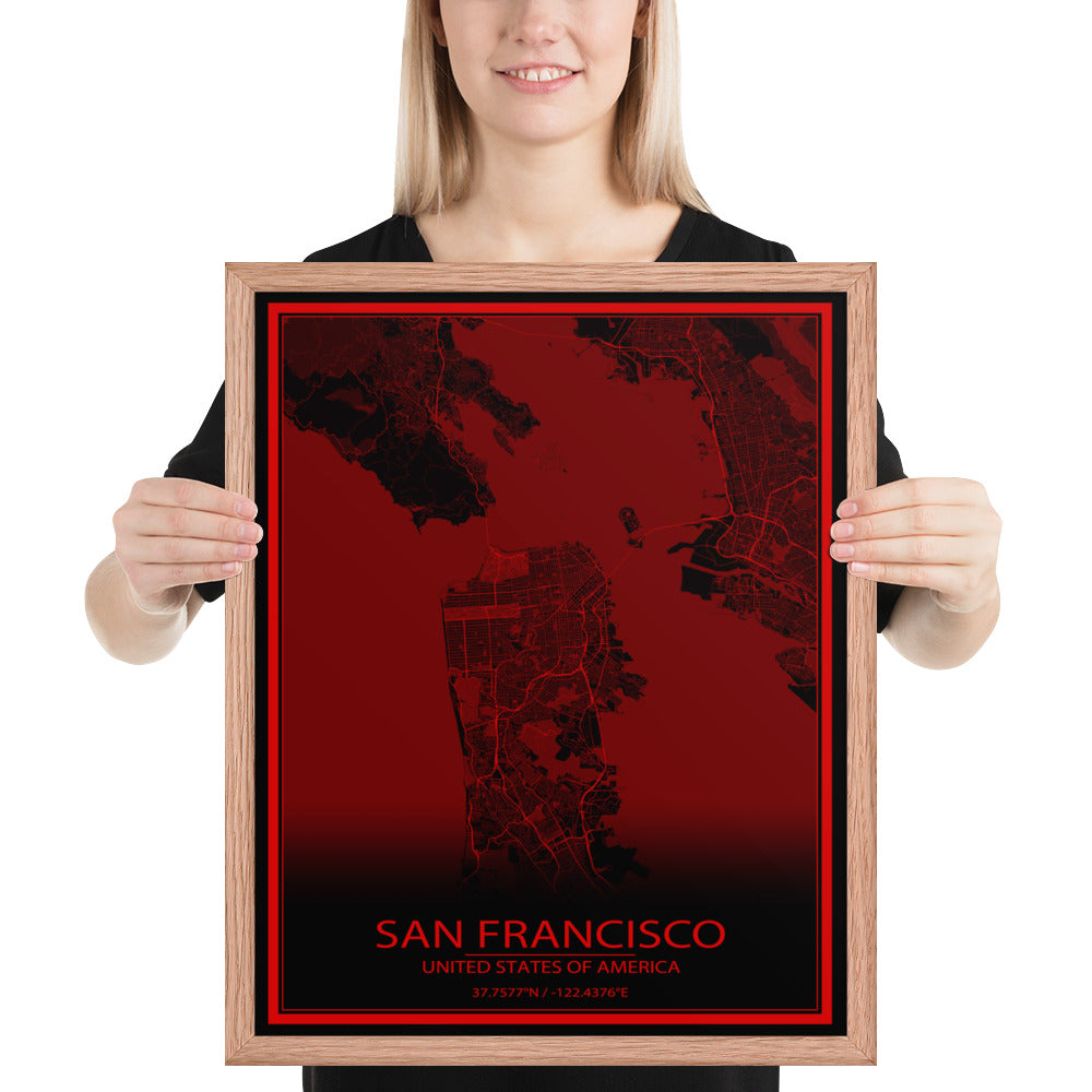 San Francisco Black and Red Framed Map