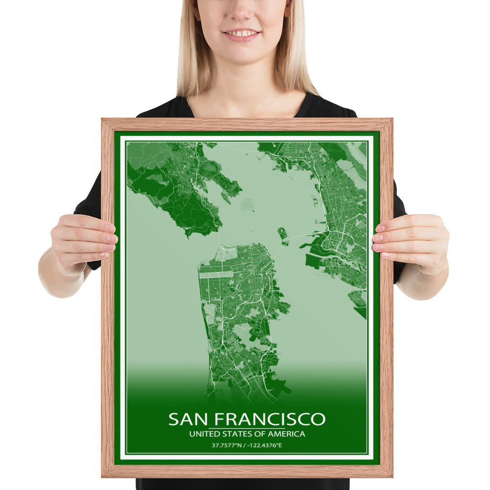 San Francisco Green and White Framed Map