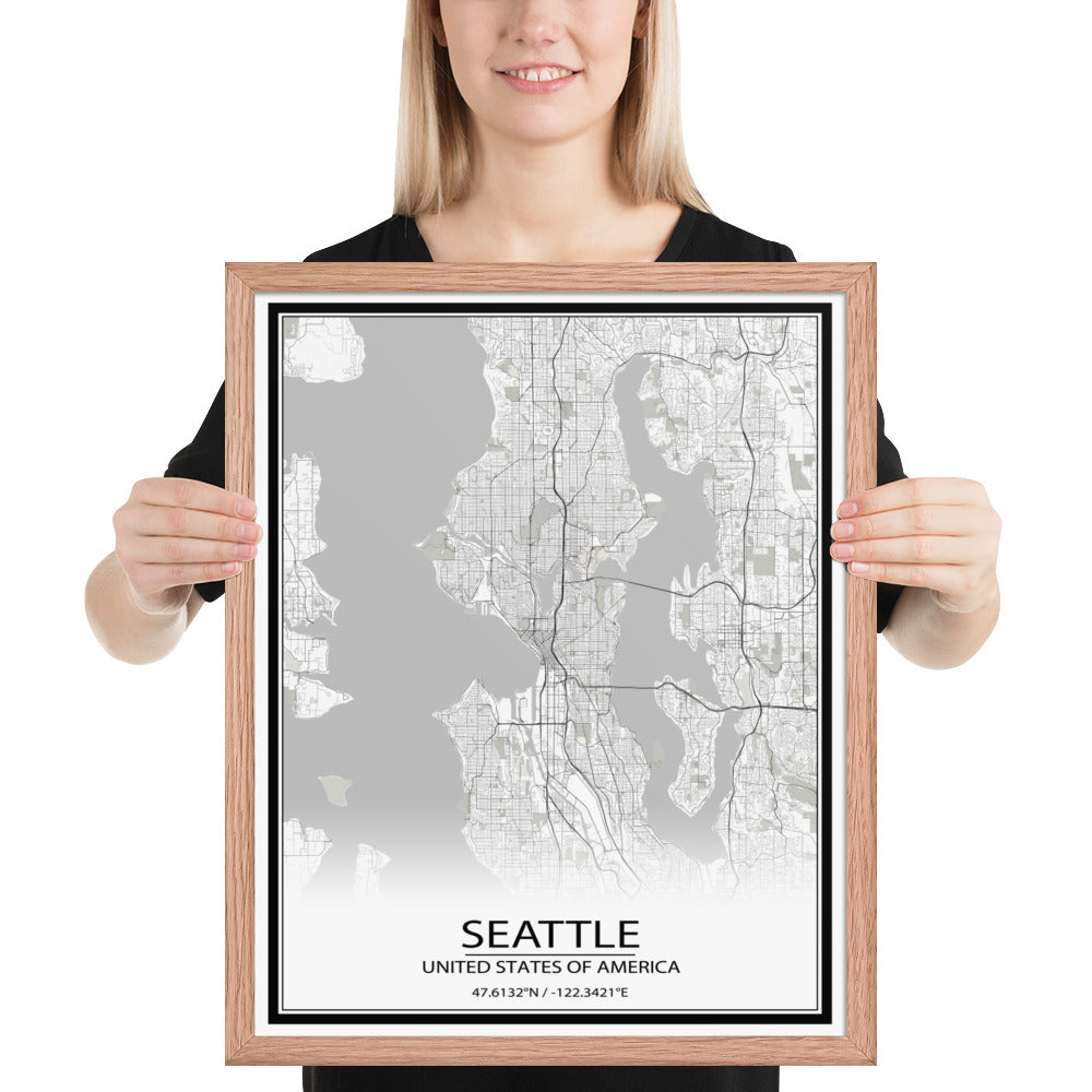 Seattle White Framed Map