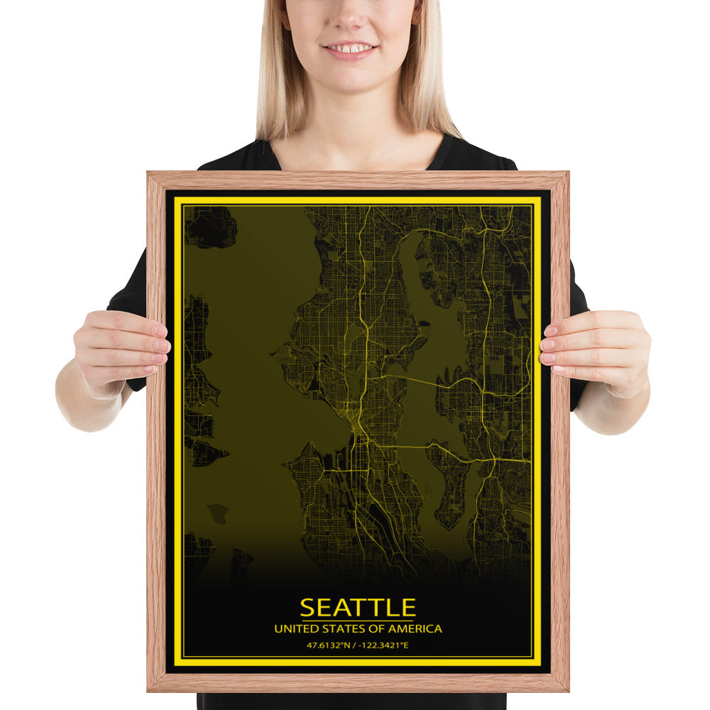 Seattle Black and Yellow Framed Map