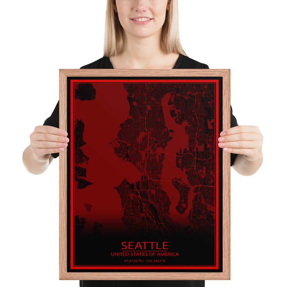 Seattle Black and Red Framed Map