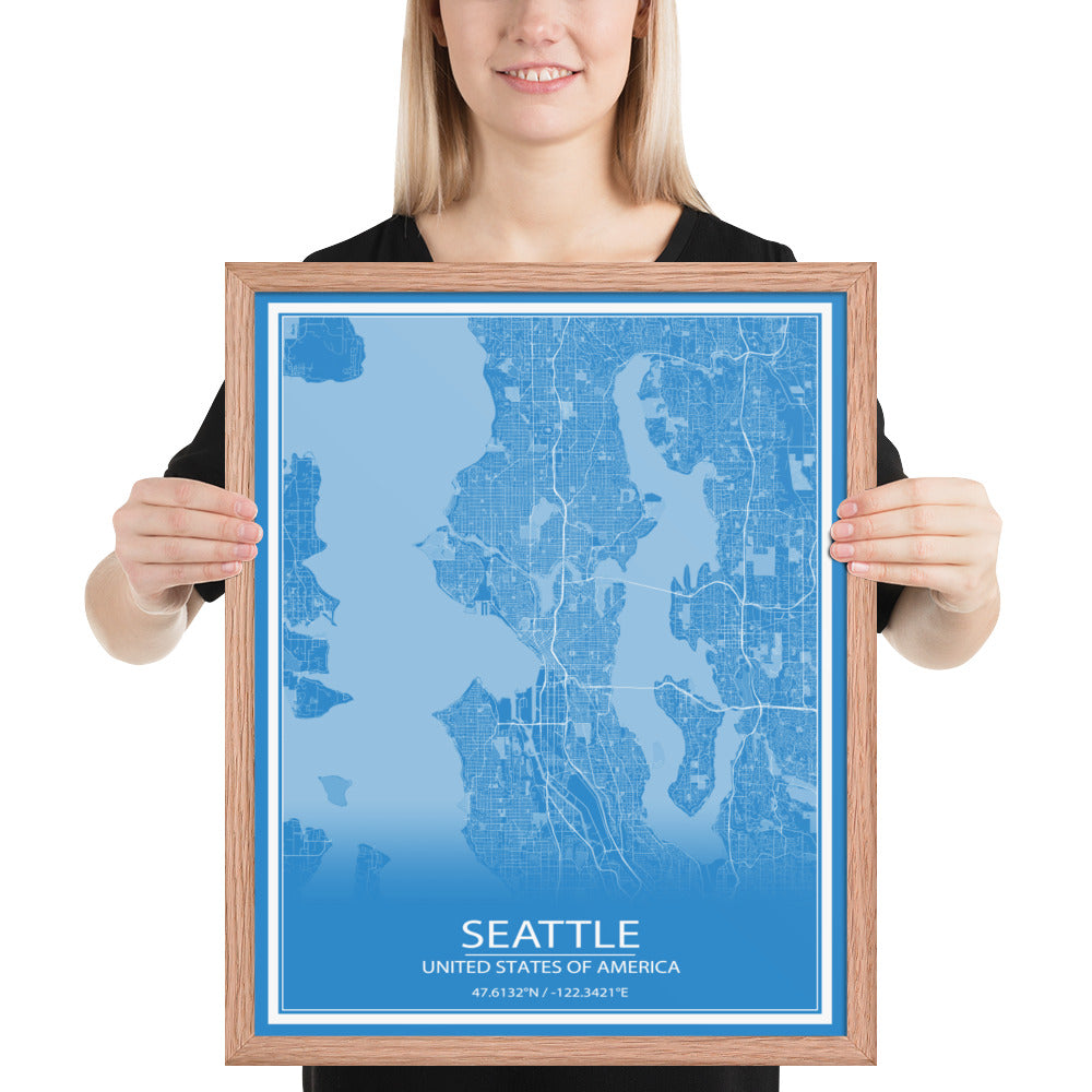 Seattle Blue and White Framed Map