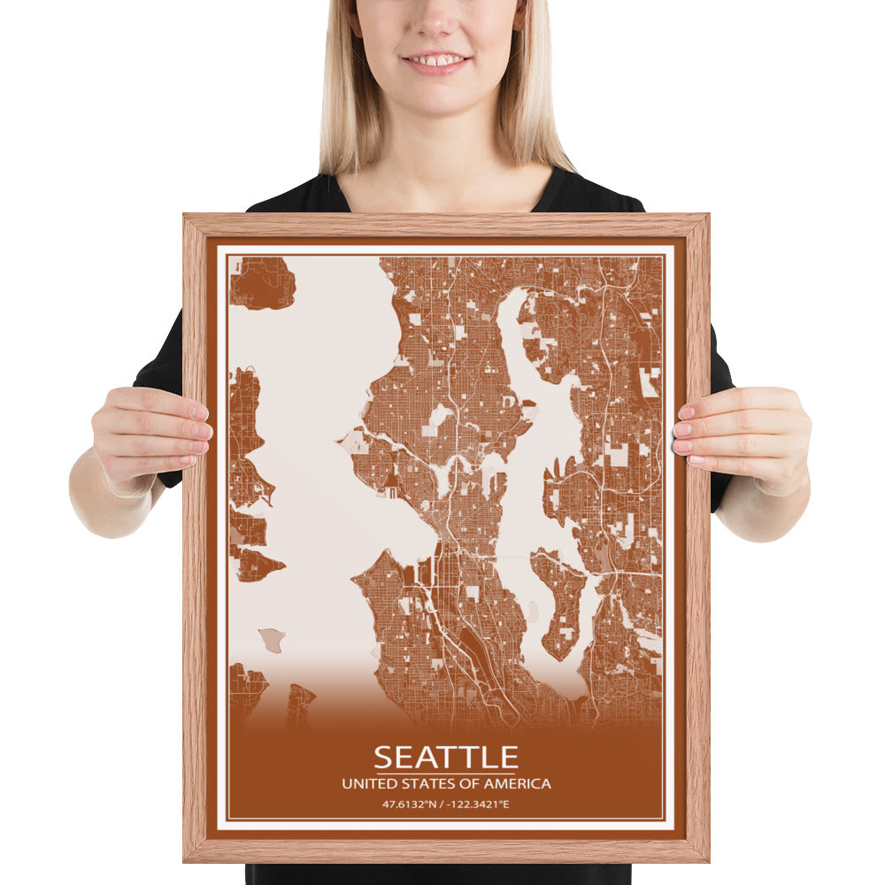 Seattle Brown and White Framed Map