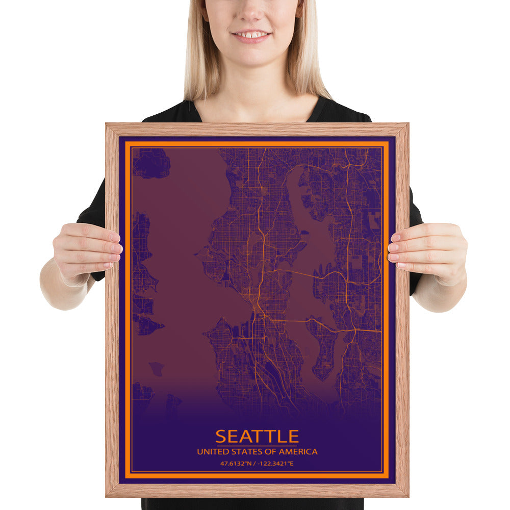 Seattle Purple and Orange Framed Map