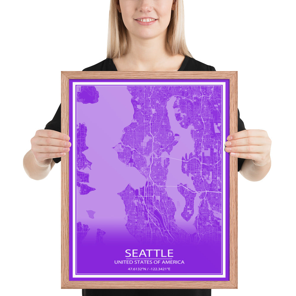 Seattle Purple and White Framed Map