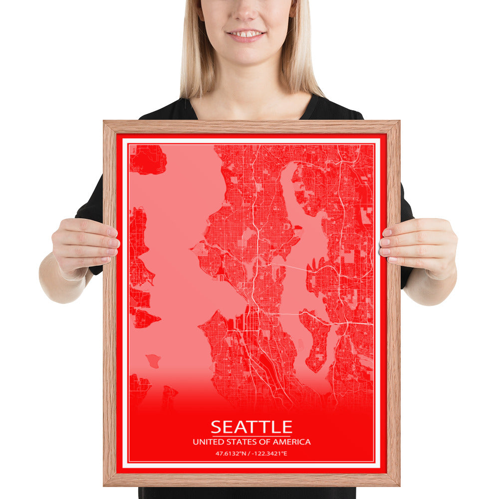 Seattle Red and White Framed Map