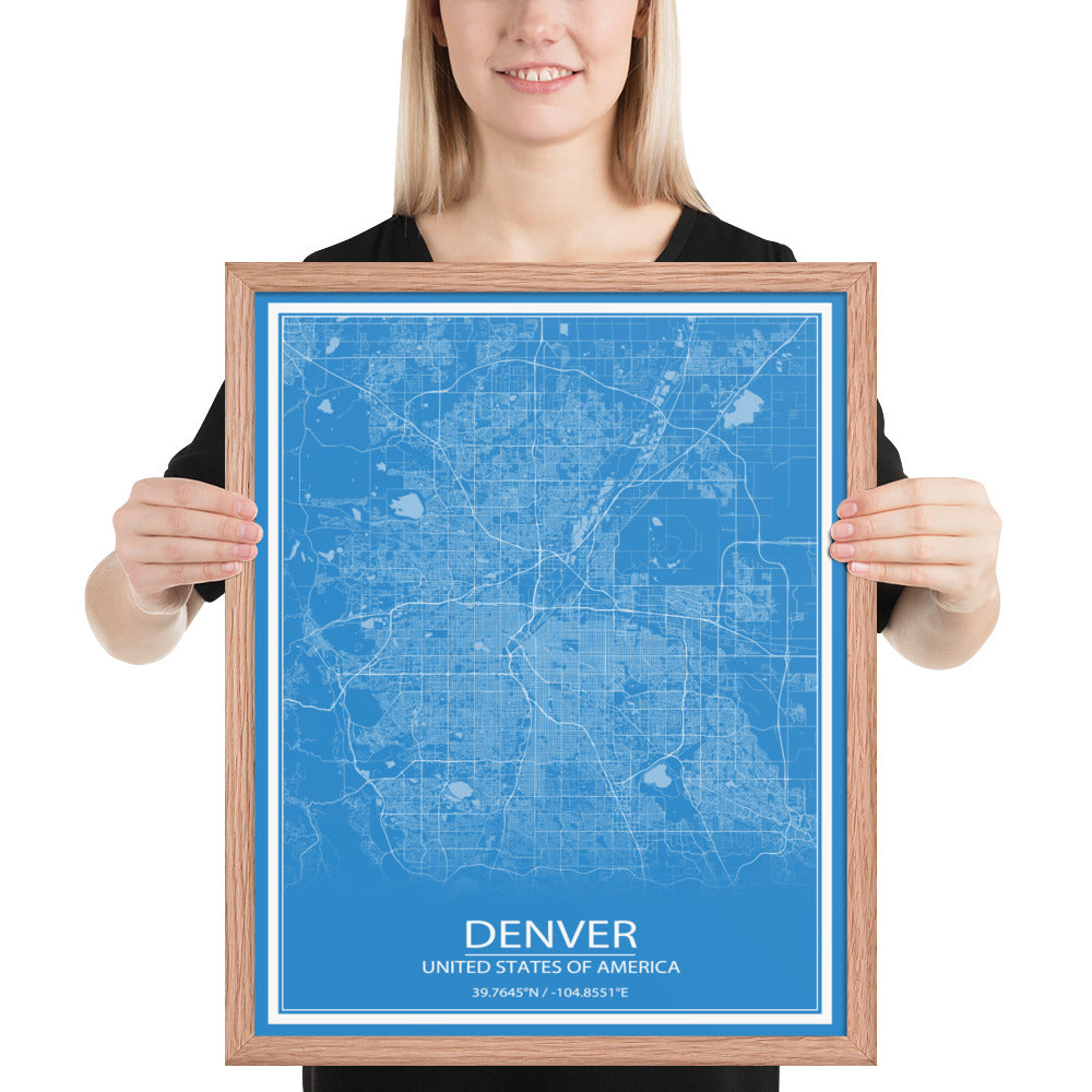 Denver Blue and White Framed Map