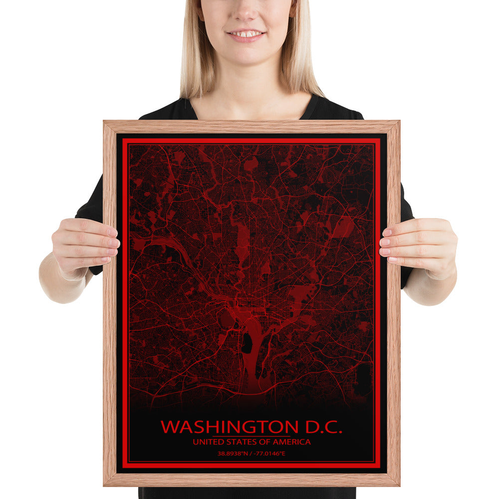 Washington, D.C. Black and Red Framed Map