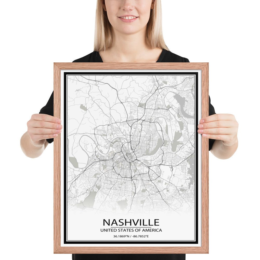 Nashville White Framed Map