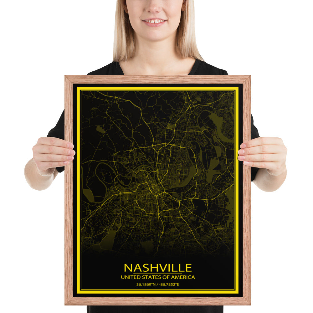 Nashville Black and Yellow Framed Map