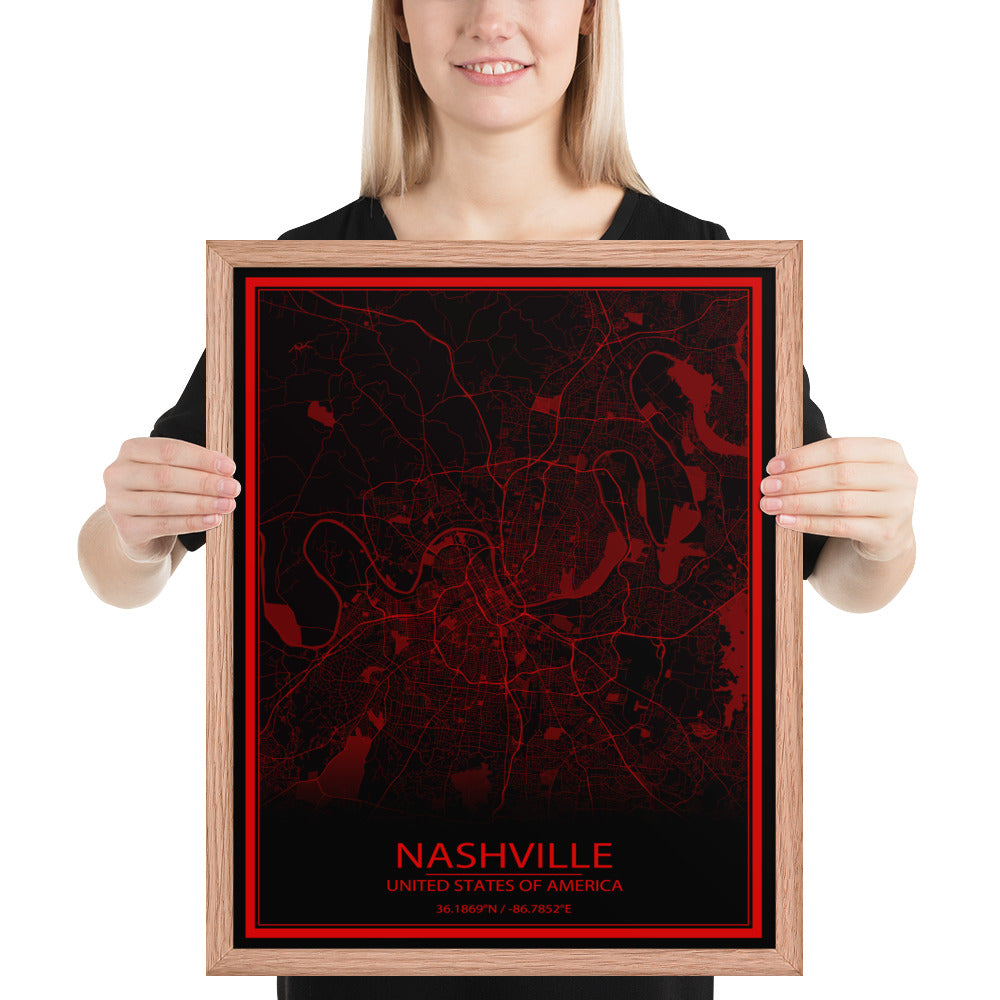 Nashville Black and Red Framed Map