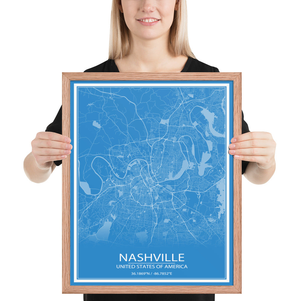 Nashville Blue and White Framed Map