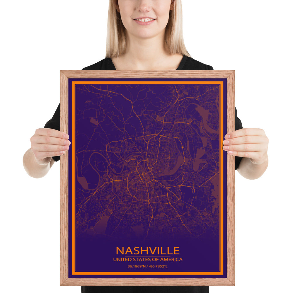 Nashville Purple and Orange Framed Map